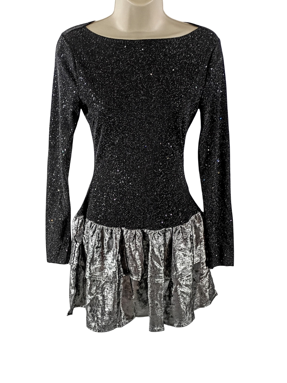 Black Glitter Long-Sleeve Mini Dress with Silver Ruffle Hem
